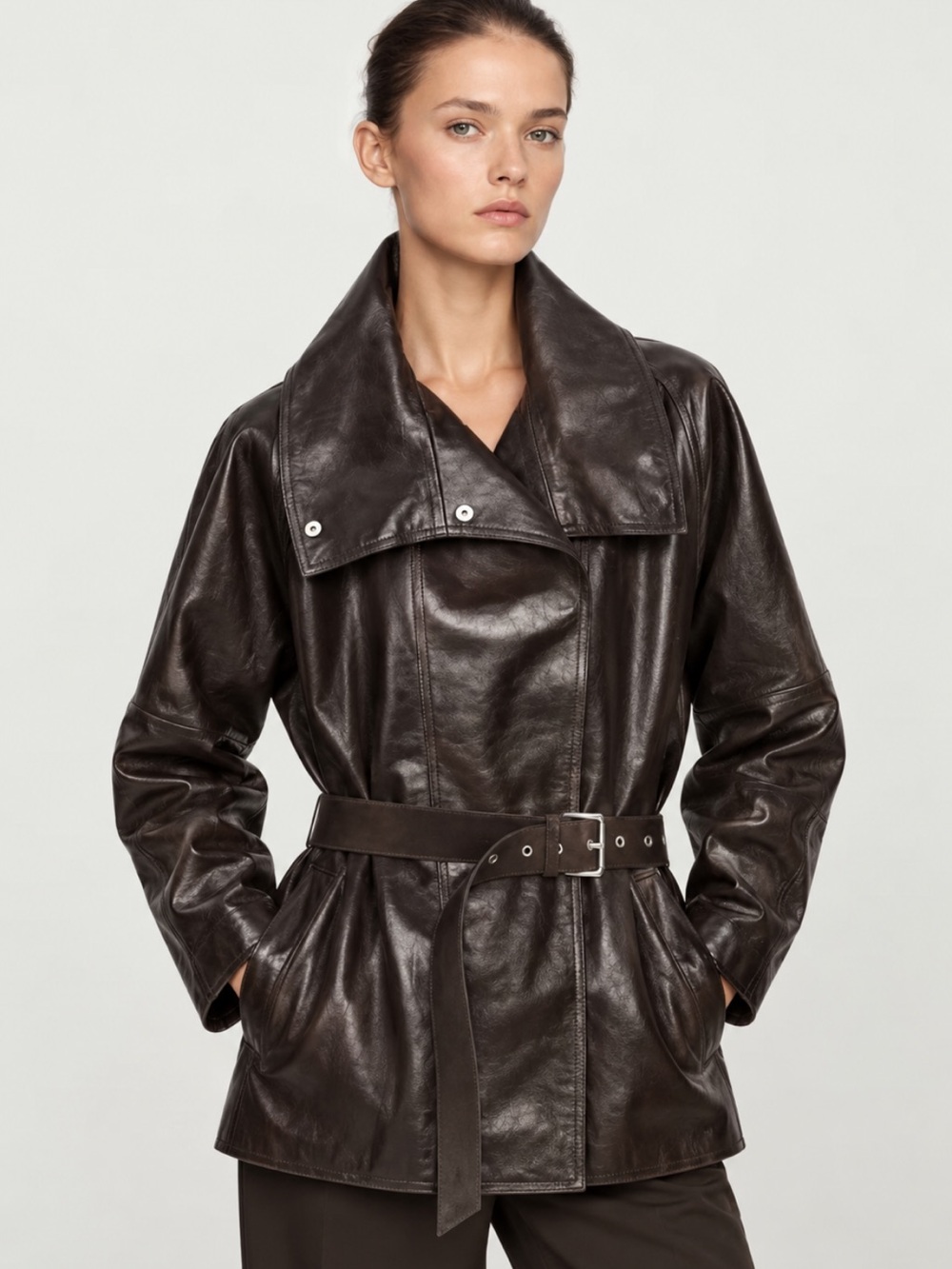 Massimo Dutti Genuine Leather Belted Jacket Dark Brown Size Large NWT 4755/615